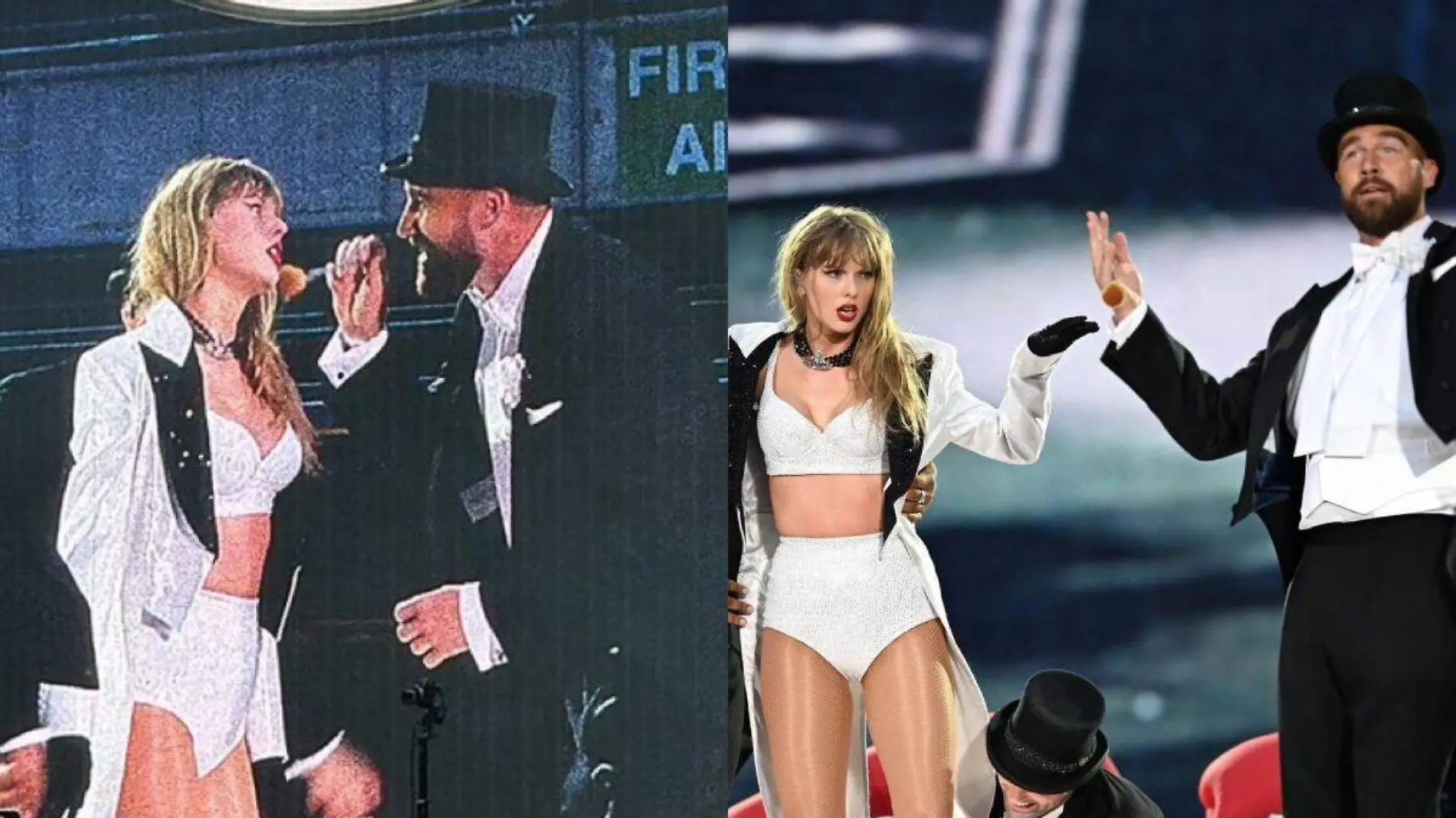 Travis Kelce en el escenario con Taylor Swift